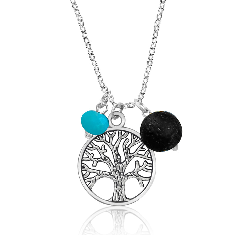 Tree of Life Necklace for Grounding with Lava Stone and Teal Green Crystal