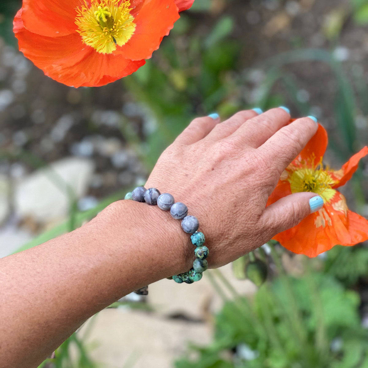 Rain Coast outlet Gemstone Bracelet Stack (African Turquoise, Aquamarine, Kambaba Jasper & Cedar Wood) Crystal Yoga Jewelry