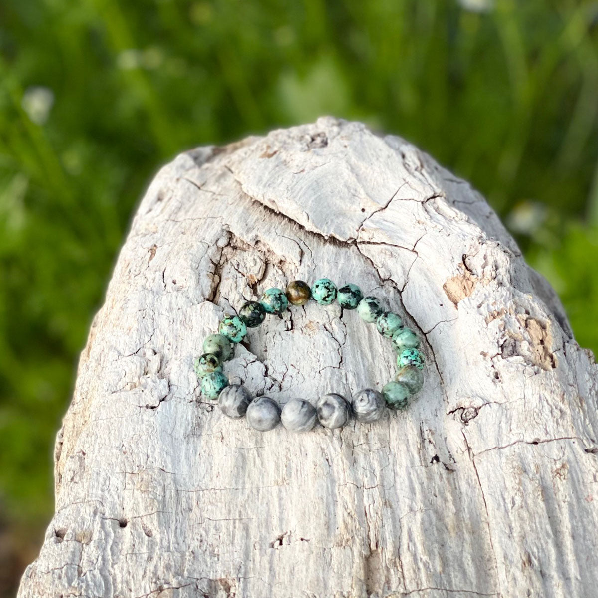 Rain Coast Gemstone Bracelet deals Stack (African Turquoise, Aquamarine, Kambaba Jasper & Cedar Wood) Crystal Yoga Jewelry