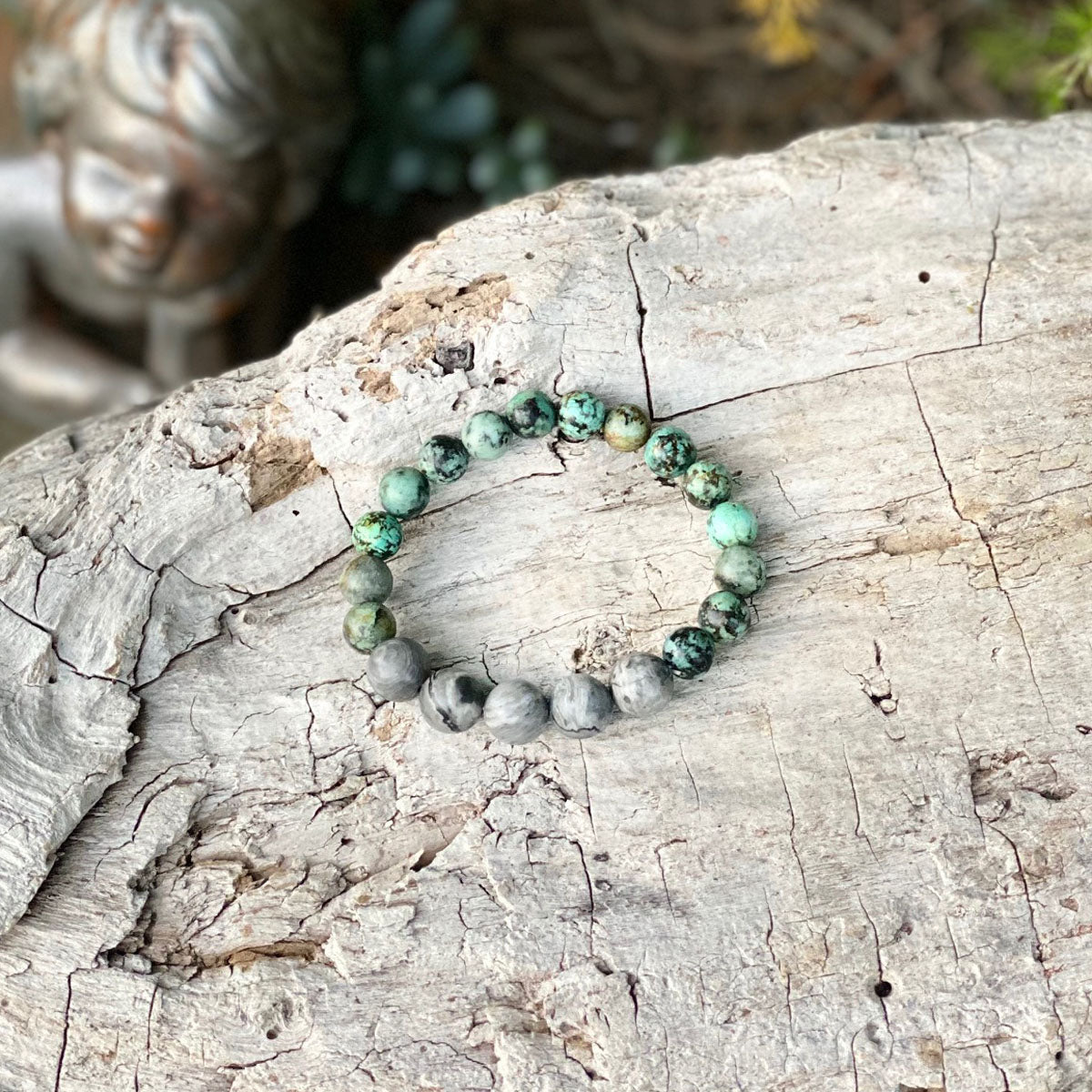 Rain Coast outlet Gemstone Bracelet Stack (African Turquoise, Aquamarine, Kambaba Jasper & Cedar Wood) Crystal Yoga Jewelry