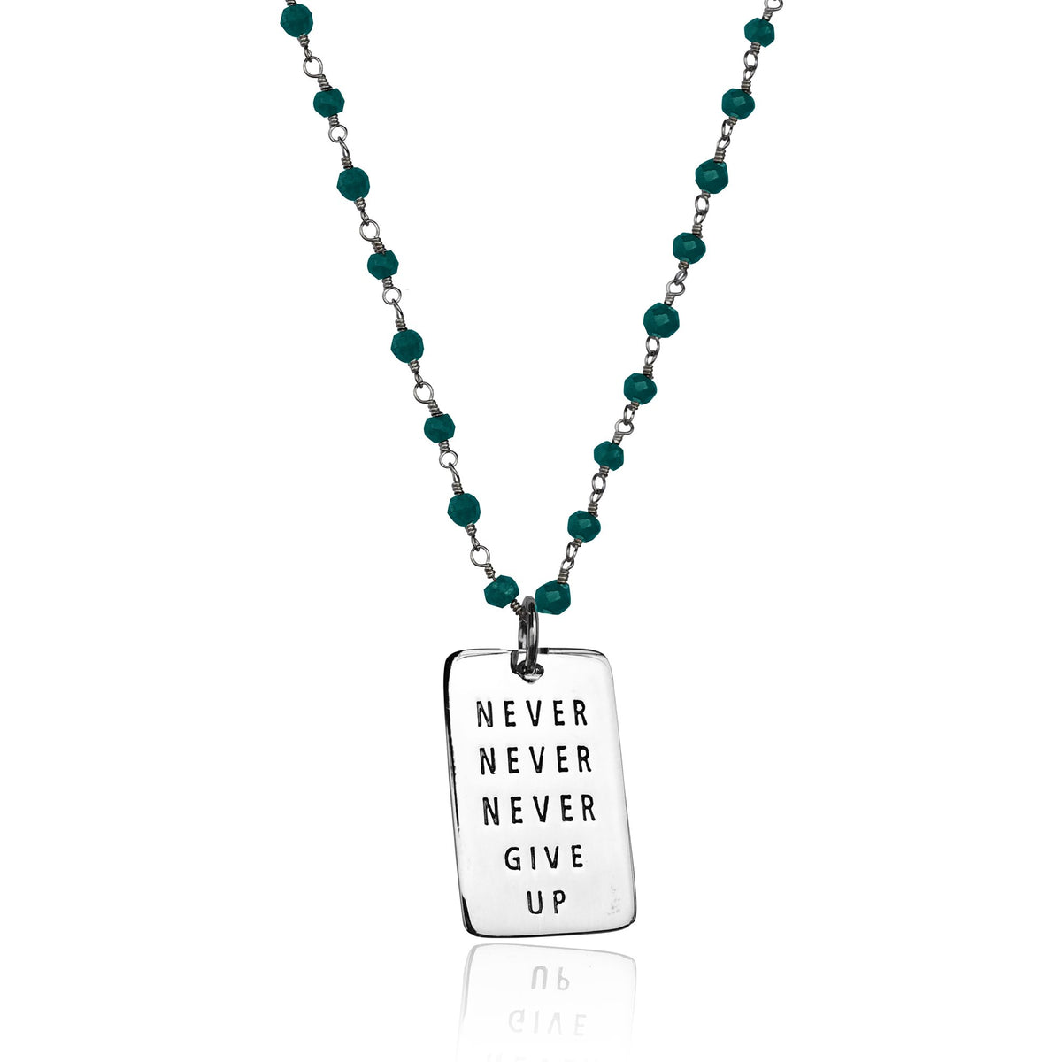 Inspirational Sterling Silver Never Give Up Dog Tag on Silver Wire Wrapped Turquoise Necklace