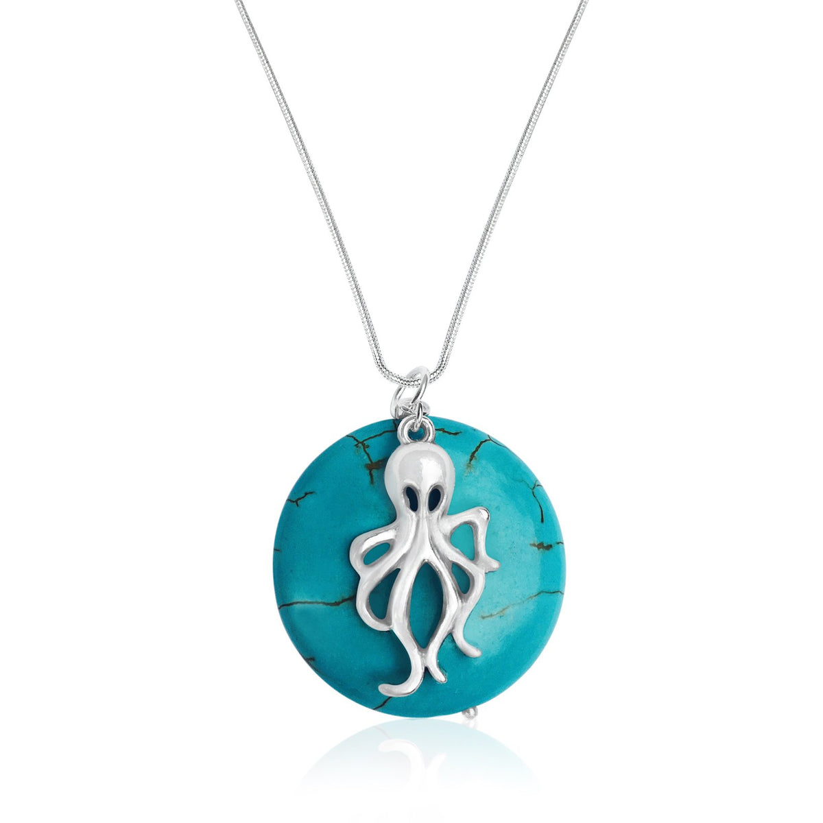 Turquoise Round Pendant with Octopus on Silver Necklace