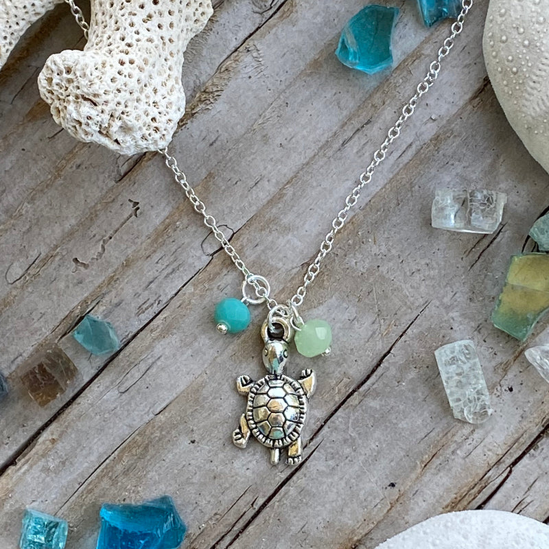 Turtle Necklace with Ocean Foam Green Crystals