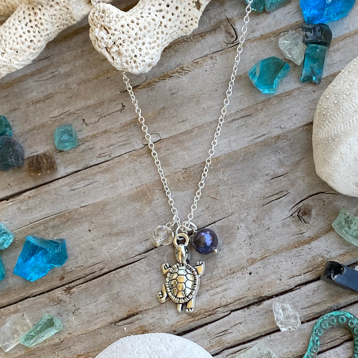 Turtle Necklace with Pearl and Clear Crystal