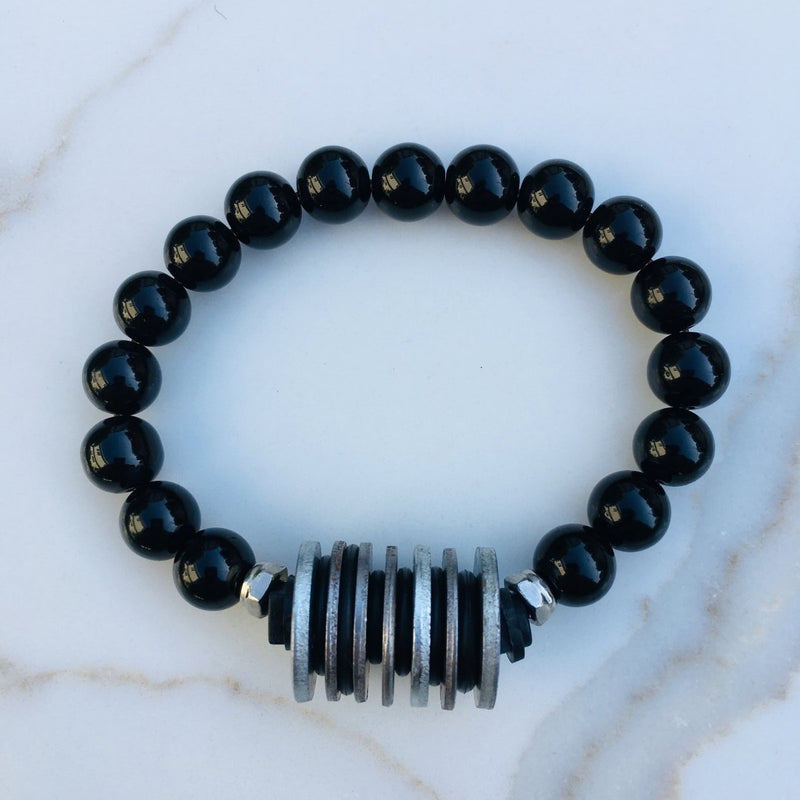 Zero Waste Bracelet with up-recycled SCUBA parts and Onyx  