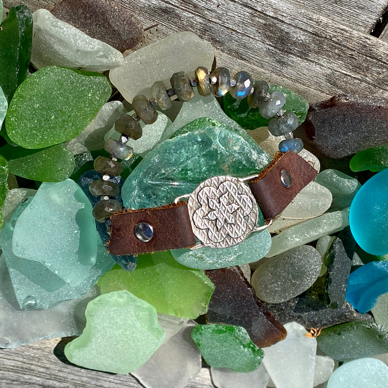 "I Choose Happiness" Labradorite and Leather Visualization Bracelet with Sunshine Energy Lotus Flower Centerpiece. Limited Special Edition.