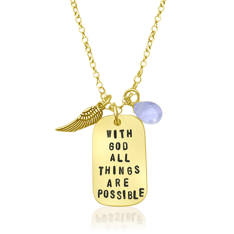 Gold With God All Things Are Possible Spiritual Dog Tag Necklace, Mathew 19:26 silver Catholic jewelry. Matthew 19:26, speaks of God’s absolute power. It’s a theme that is echoed all throughout Christianity and Catholicism.  Wings symbolize a desire to let your spirit soar, to rise above a challenge.