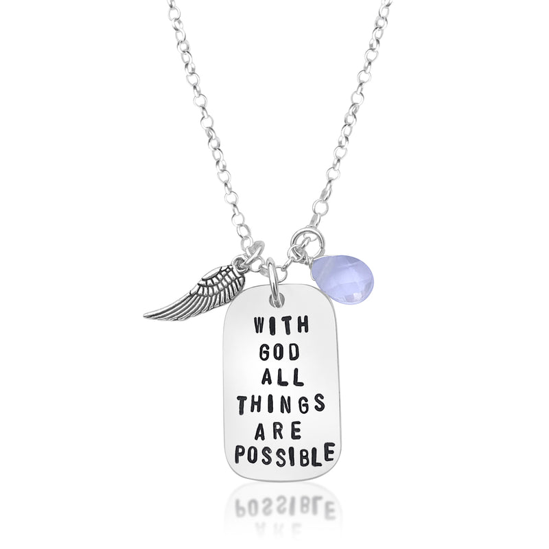 Sterling Silver With God All Things Are Possible Spiritual Dog Tag Necklace, Mathew 19:26 silver Catholic jewelry. Matthew 19:26, speaks of God’s absolute power. It’s a theme that is echoed all throughout Christianity and Catholicism.  Wings symbolize a desire to let your spirit soar, to rise above a challenge.