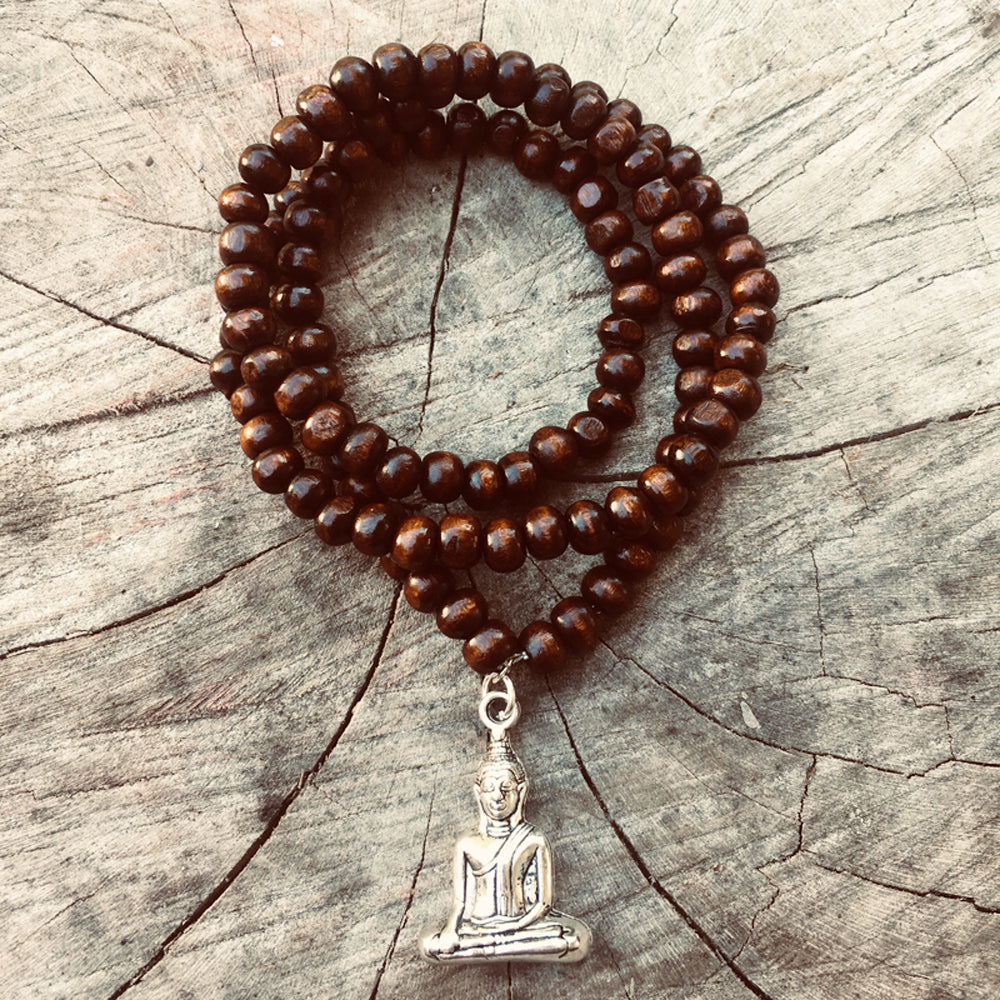 Prayer Bead Mala Wood Necklace with Buddha, 108 beads