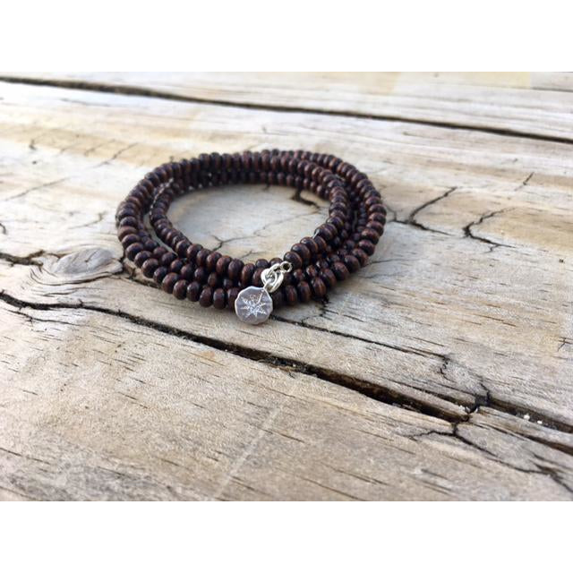 Wood Wrap Bracelet for Wisdom with Sterling Silver Compass Charm