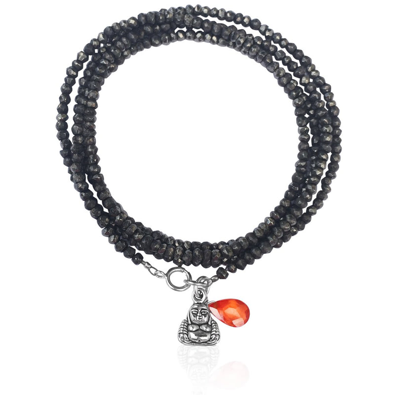Happiness Midnight Dark Wrap Bracelet with Buddha and Orange Quartz
