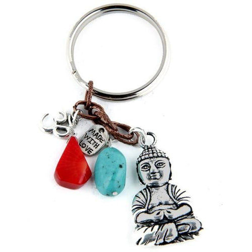 Yoga Keychain with Buddha,Turquoise, Red Coral and Ohm Charms Gogh