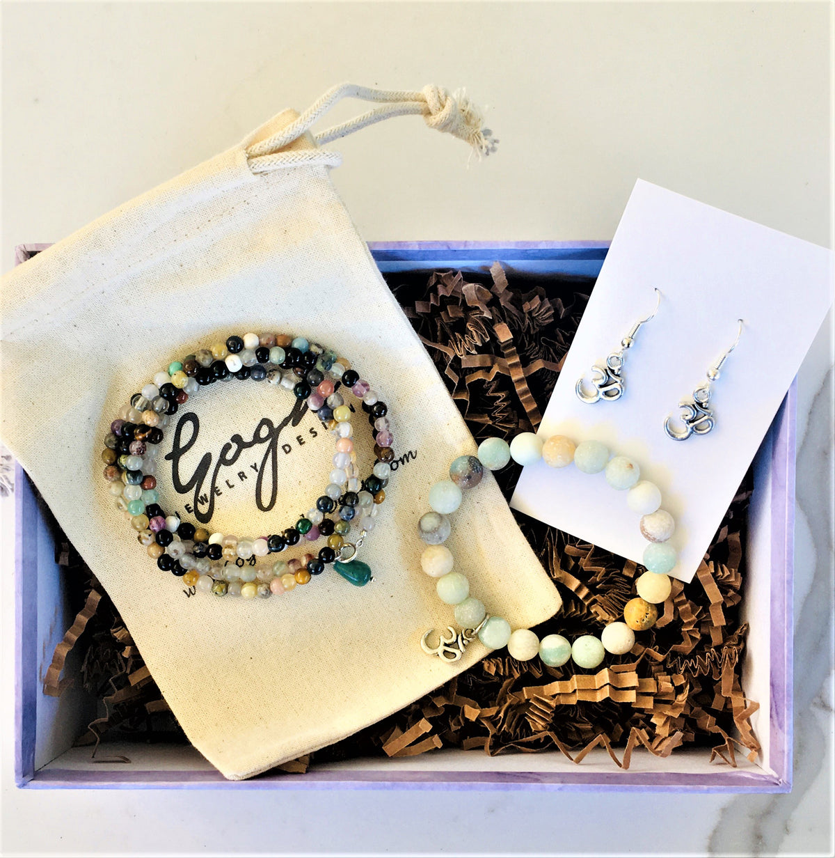 Gift Set for the Yogi: Mindfulness Wrap, Amazonite Bracelet with Ohm and Ohm Earrings Trio in a READY TO GIFT Box