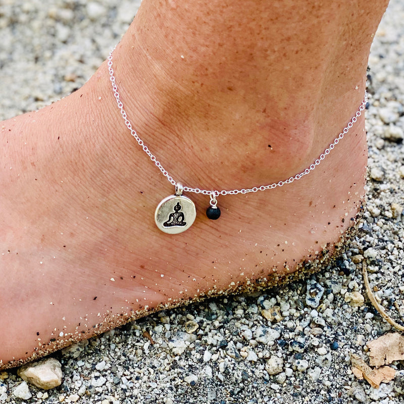 Meditating Yogi Anklet with Lava Stone and Red Jade for Aroma Therapy