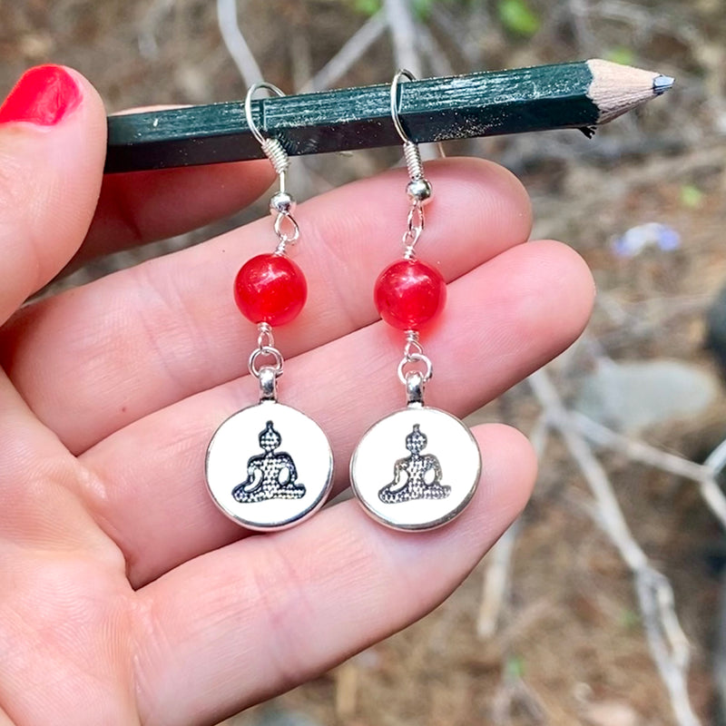 Meditating Yogi Earrings with Red Jade for Chi