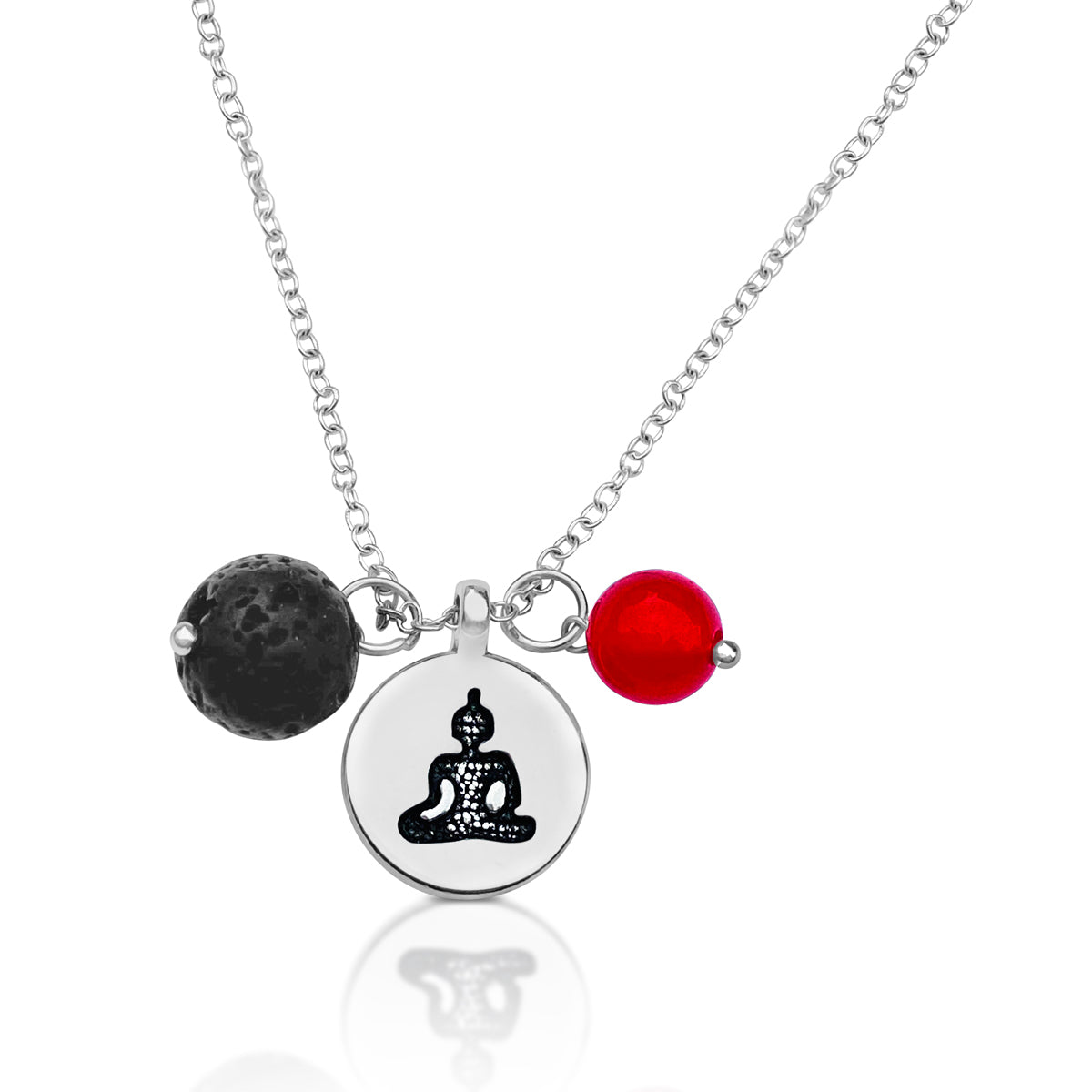 Meditating Yogi Necklace with Lava Stone and Red Jade for Aroma Therapy and Chi