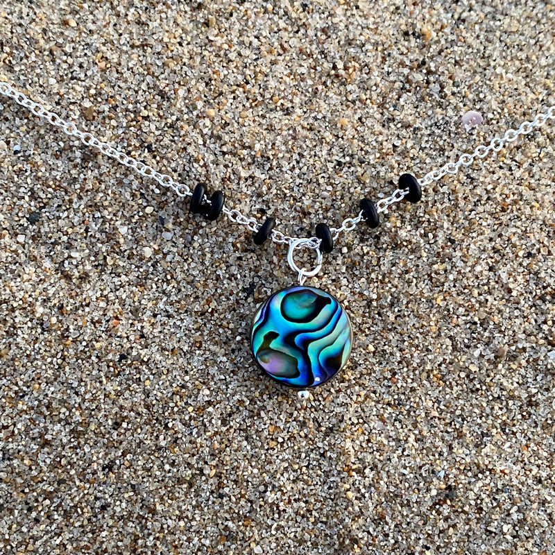 Zero Waste Bracelet with up-recycled SCUBA parts and Abalone pendant from the Pacific Ocean.