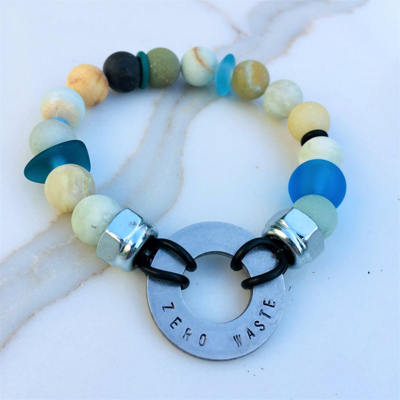 Zero Waste Bracelet with up-recycled SCUBA parts, Sea Glass and Amazonite 