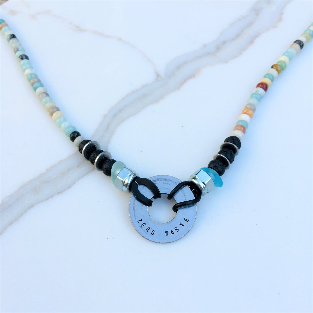 Zero Waste Necklace with up-recycled SCUBA parts, Amazonite and Lava Stone