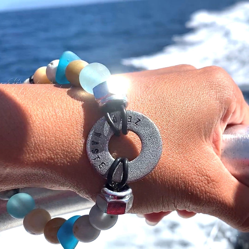 Zero Waste Bracelet with up-recycled SCUBA parts and Sea Glass & Amazonite