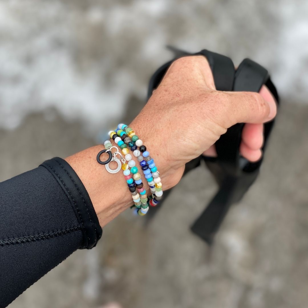 Zero Waste Eco Conscious Wrap Bracelet with Up-recycled scuba gear parts and Gemstones. Influenced by those artists and organizations that up-recycle fishing nets into bathing suits from ocean trash, I found ways to reuse and repurpose old SCUBA gear parts to create sustainable jewelry.